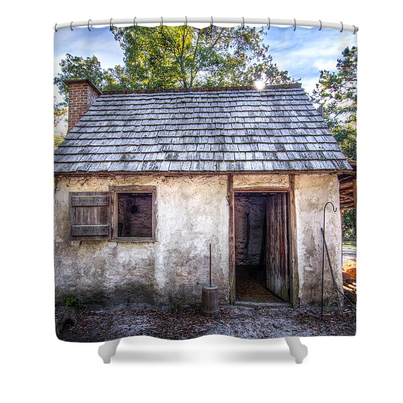 Wormsloe Shower Curtain featuring the photograph Wormsloe Cabin by Mark Andrew Thomas