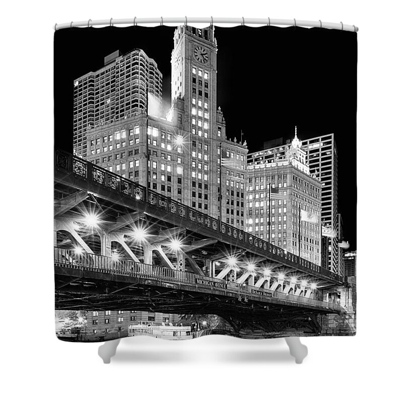Dusk Shower Curtain featuring the photograph Wrigley Building at Night in Black and White by Sebastian Musial