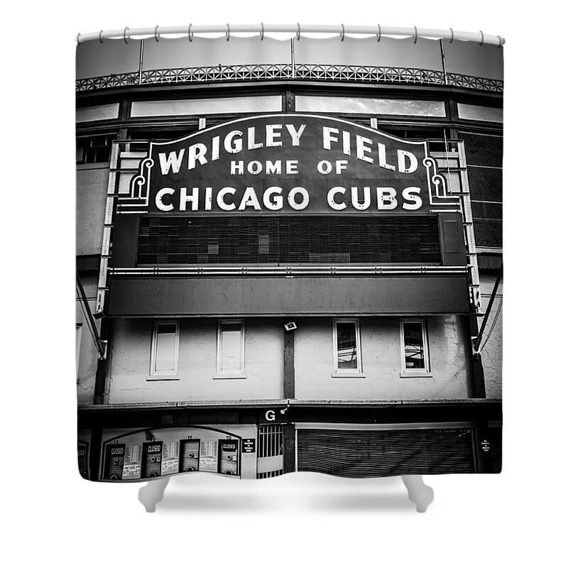 America Shower Curtain featuring the photograph Wrigley Field Chicago Cubs Sign in Black and White by Paul Velgos