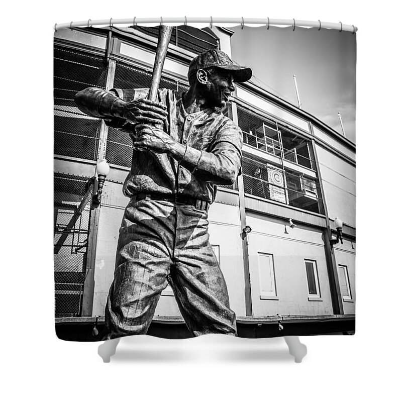 America Shower Curtain featuring the photograph Wrigley Field Ernie Banks Statue in Black and White by Paul Velgos