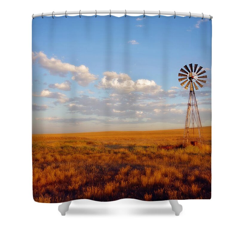 Wyoming Shower Curtain featuring the photograph Windmill at Sunset by Amanda Smith