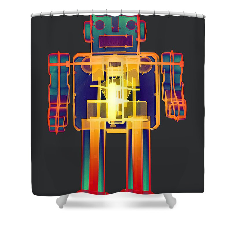 X-ray Art Shower Curtain featuring the digital art X-ray Robot BB No.1 by Roy Livingston