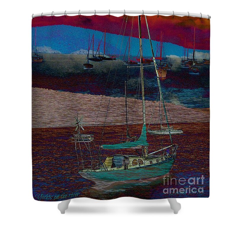 Yachts Shower Curtain featuring the mixed media Yachts on the river by Leanne Seymour