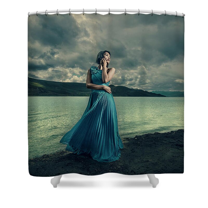 Water's Edge Shower Curtain featuring the photograph Yamdrok Tso Lake by Littleredflowers