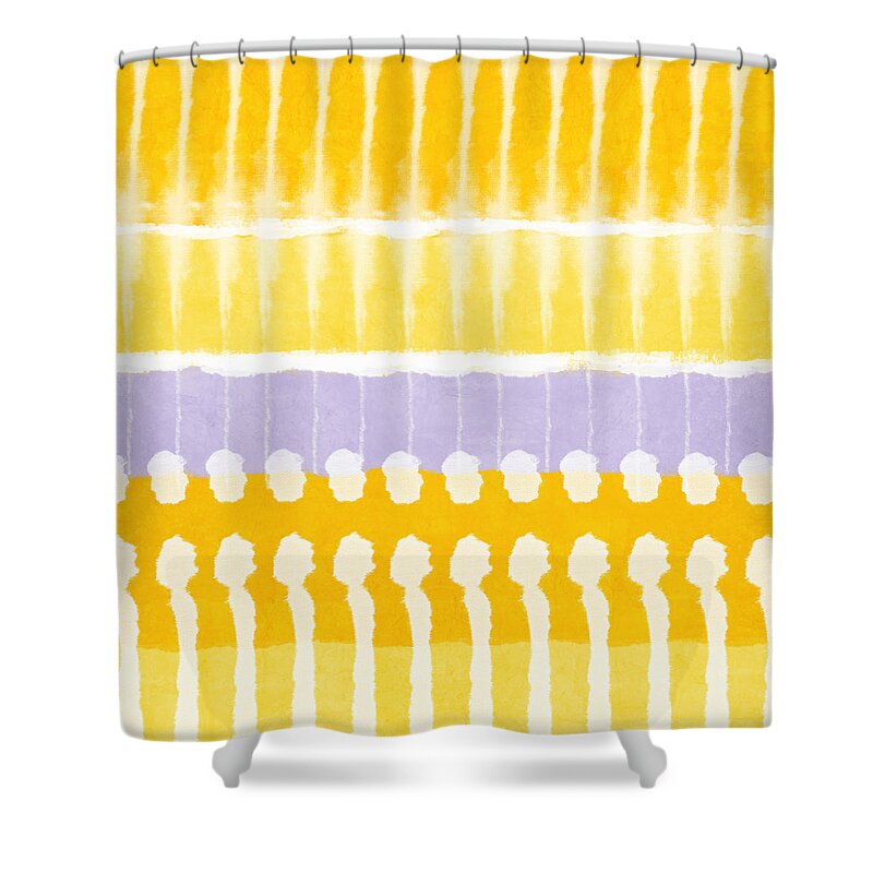Abstract Shower Curtain featuring the painting Yellow and Grey Tie Dye by Linda Woods