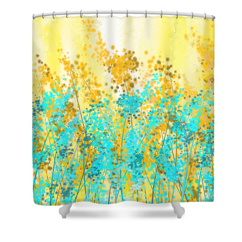 Yellow Shower Curtain featuring the painting Yellow And Turquoise Garden by Lourry Legarde