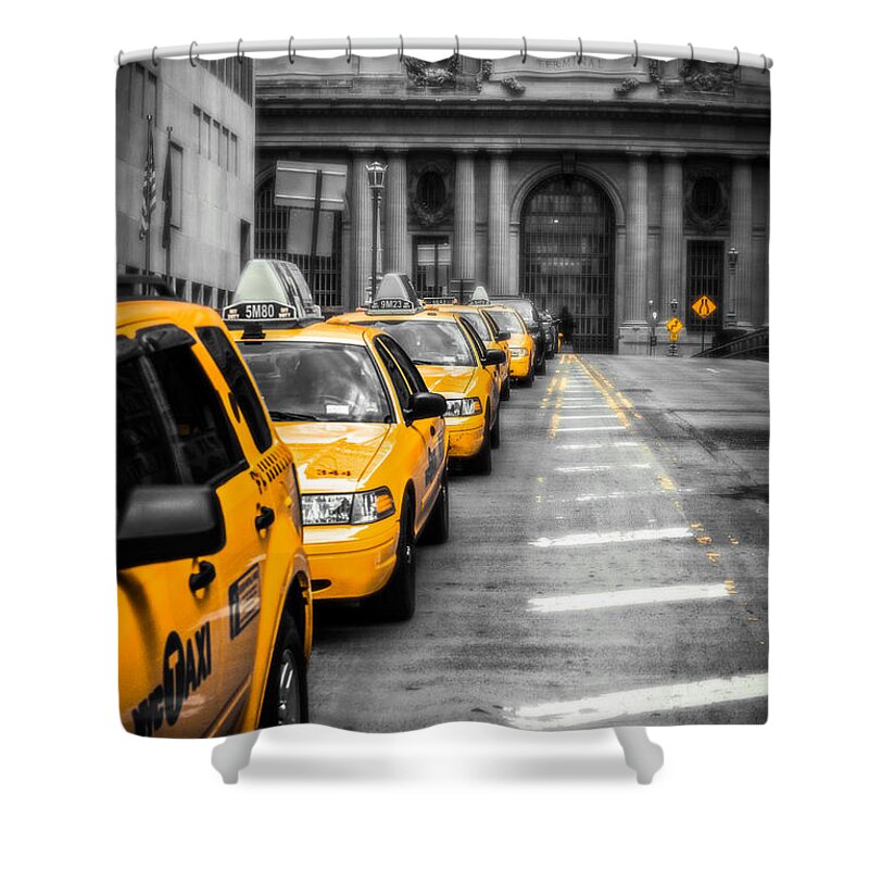 Nyc Shower Curtain featuring the photograph Yellow Cabs waiting - Grand Central Terminal - bw o by Hannes Cmarits
