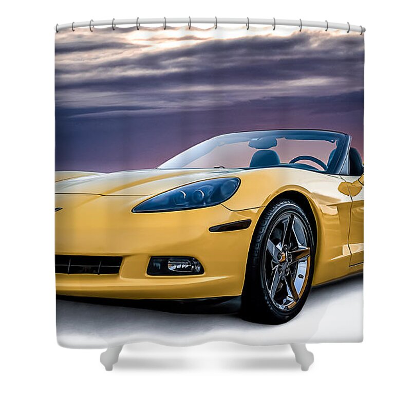 Yellow Shower Curtain featuring the digital art Yellow Corvette Convertible by Douglas Pittman
