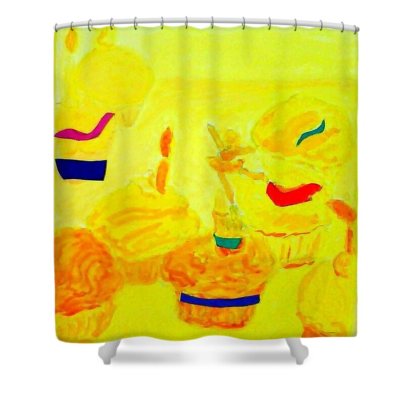 Yellow Cupcakes Shower Curtain featuring the painting Yellow Cupcakes by Suzanne Berthier