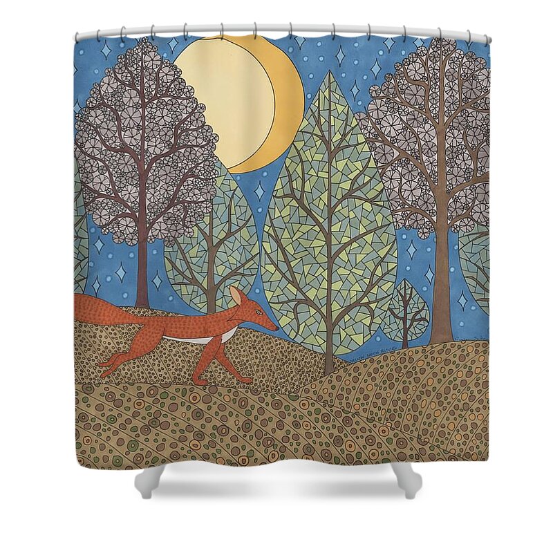 Fox Shower Curtain featuring the drawing Yellow Moon Rising by Pamela Schiermeyer