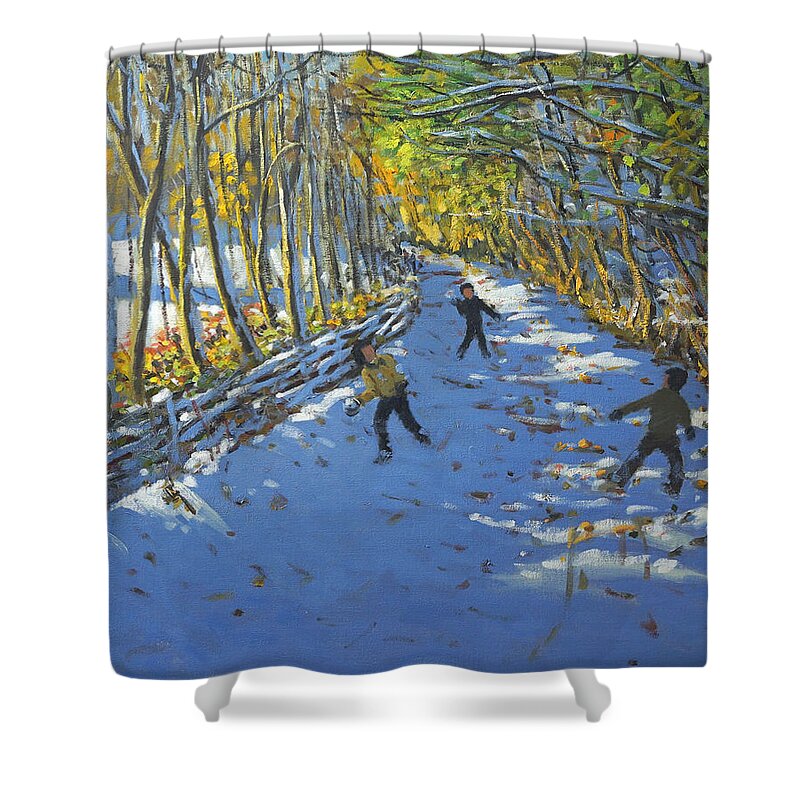 Andrew Macara Shower Curtain featuring the painting Yellow trees Allestree Park by Andrew Macara