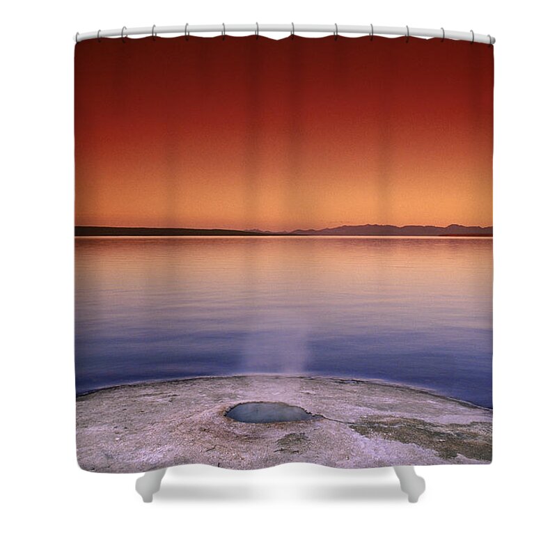 Yellowstone Shower Curtain featuring the photograph Yellowstone Lake and Geyser by Rich Franco