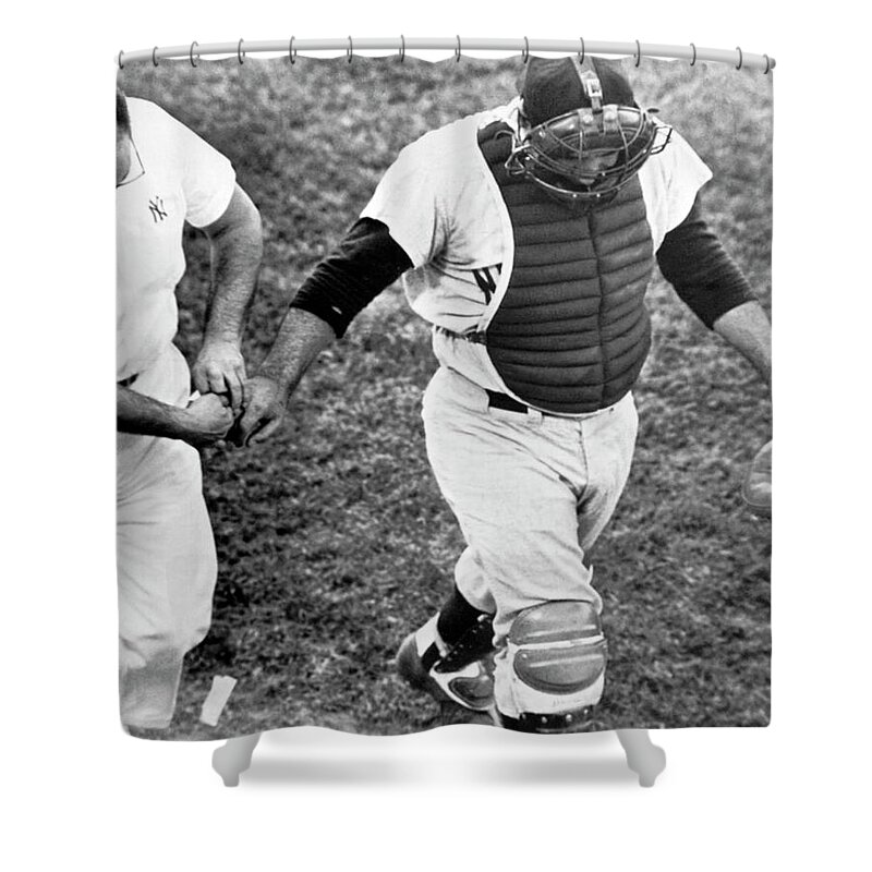 1960s Shower Curtain featuring the photograph Yogi Berra Looses Finger Nail by Underwood Archives