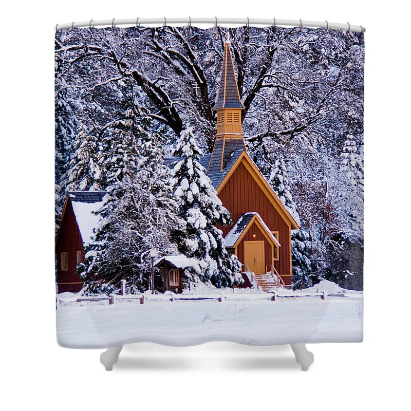 Architecture Shower Curtain featuring the photograph Yosemite Chapel in winter by Dan Hartford