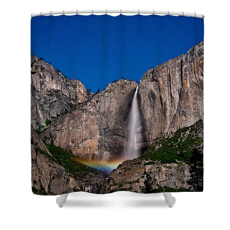 Stars Blue California Nature Landscape Scenic sierra Nevada Mountains Spring Moon national Park Yosemite Night Rainbow Moonbow Water River Waterfall Clear Shower Curtain featuring the photograph Yosemite Falls Moonbow by Cat Connor