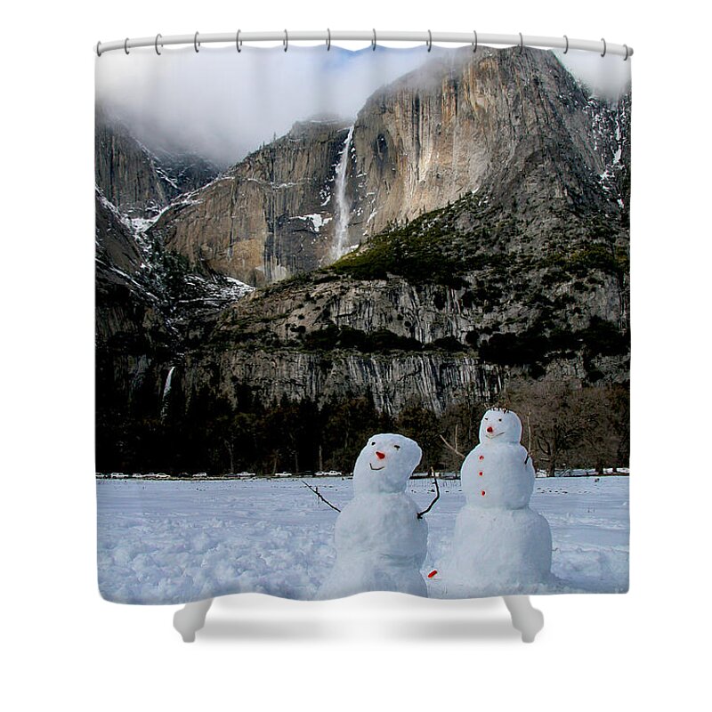 Yosemite Shower Curtain featuring the photograph Yosemite Falls Snowmen by Her Arts Desire