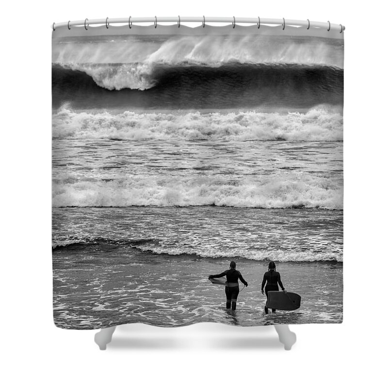 Surf Shower Curtain featuring the photograph You go first by Nigel R Bell