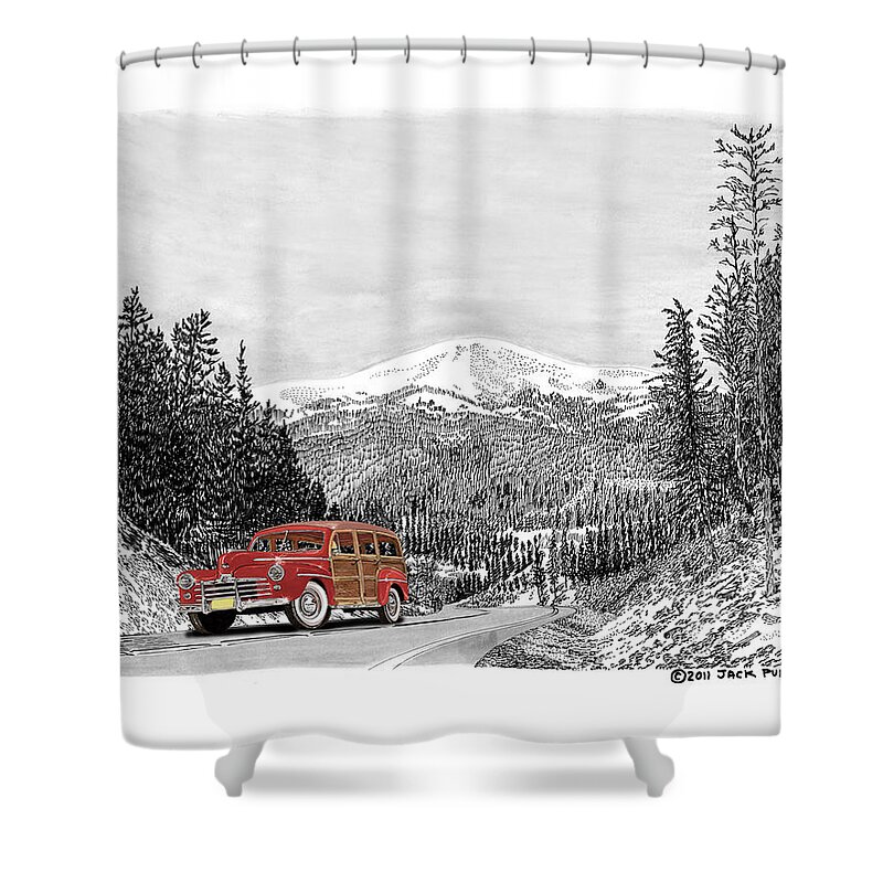 Just Won 1st Place In Selective Color Contest 9-5-17 Shower Curtain featuring the painting 1946 Ford Special Deluxe Woody on Apache Summit by Jack Pumphrey
