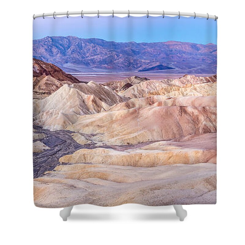 Zabriskie Point Shower Curtain featuring the photograph Zabriskie point at Dawn in Death Valley by Pierre Leclerc Photography