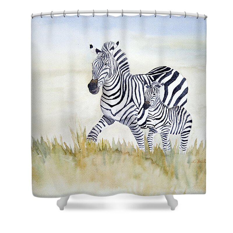 Zebra Shower Curtain featuring the painting Zebra Family by Laurel Best