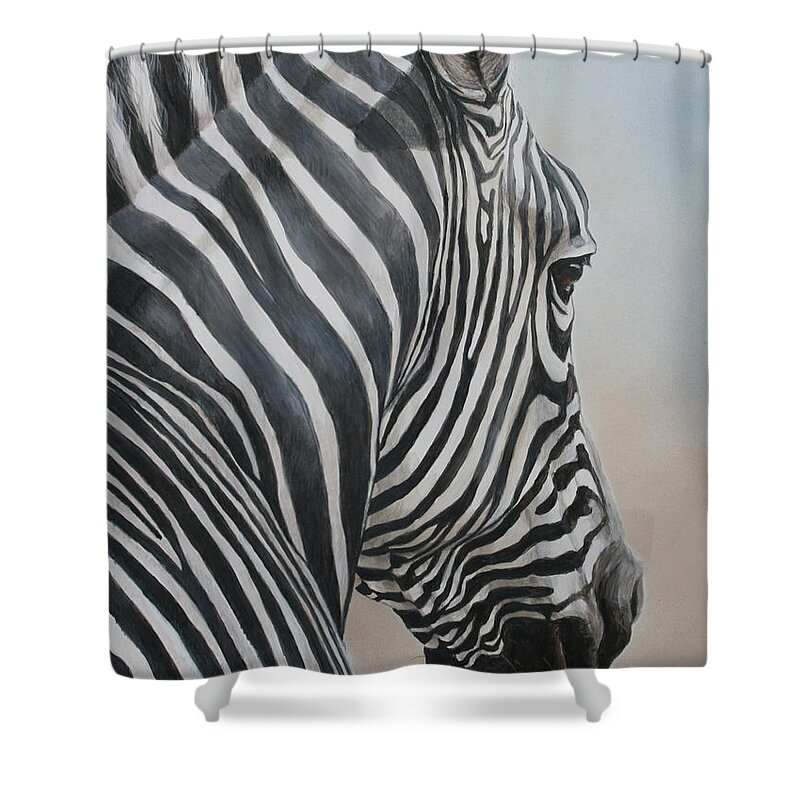 Zebra Shower Curtain featuring the painting Zebra Look by Charlotte Yealey
