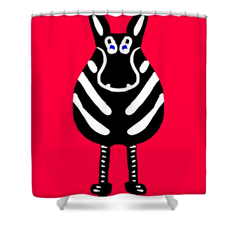 Zebra Shower Curtain featuring the painting Stunning Striped Zebra on Red Background by Barefoot Bodeez Art