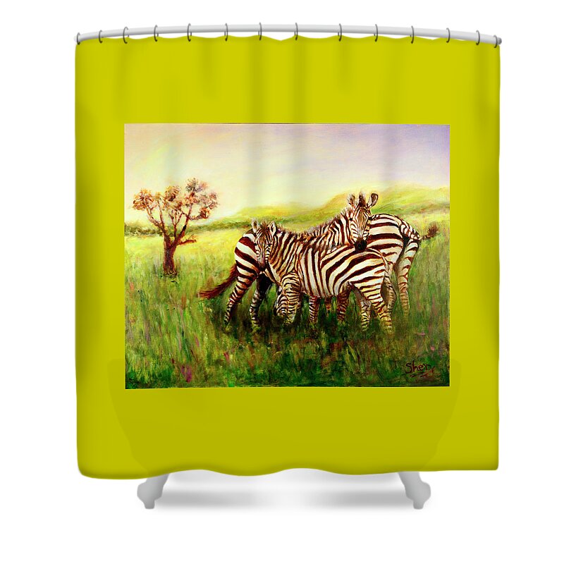 Zebra Shower Curtain featuring the painting Zebras at Ngorongoro Crater by Sher Nasser