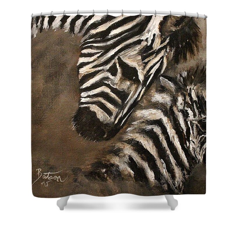Zebra Shower Curtain featuring the painting Zebras Love From Above by Barbie Batson