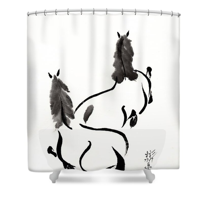 Chinese Brush Painting Shower Curtain featuring the painting Zen Horses Retired by Bill Searle