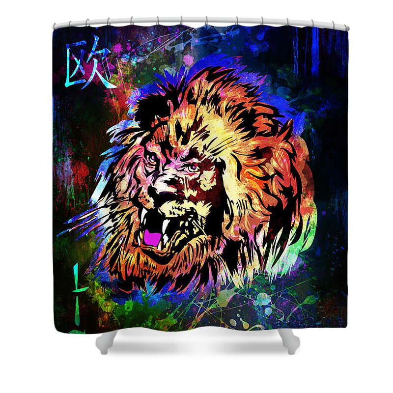 Lion Shower Curtain featuring the painting Zodiac-Lion and Chinese symbol by Andrzej Szczerski