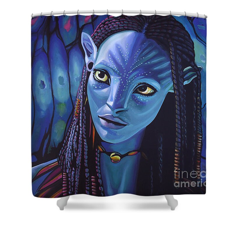 Avatar Shower Curtain featuring the painting Zoe Saldana as Neytiri in Avatar by Paul Meijering