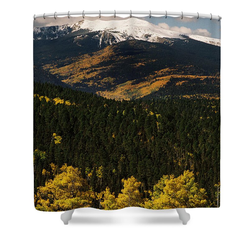 Red River Shower Curtain featuring the photograph Fall Color On Gold Hill by Ron Weathers