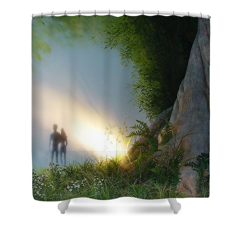 Creation Shower Curtain featuring the digital art Adam and Eve at creation #1 by Barkley Simpson