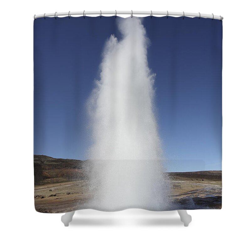 Spraying Shower Curtain featuring the photograph Eruption Of Strokkur Geysir, Iceland #1 by Richard Roscoe