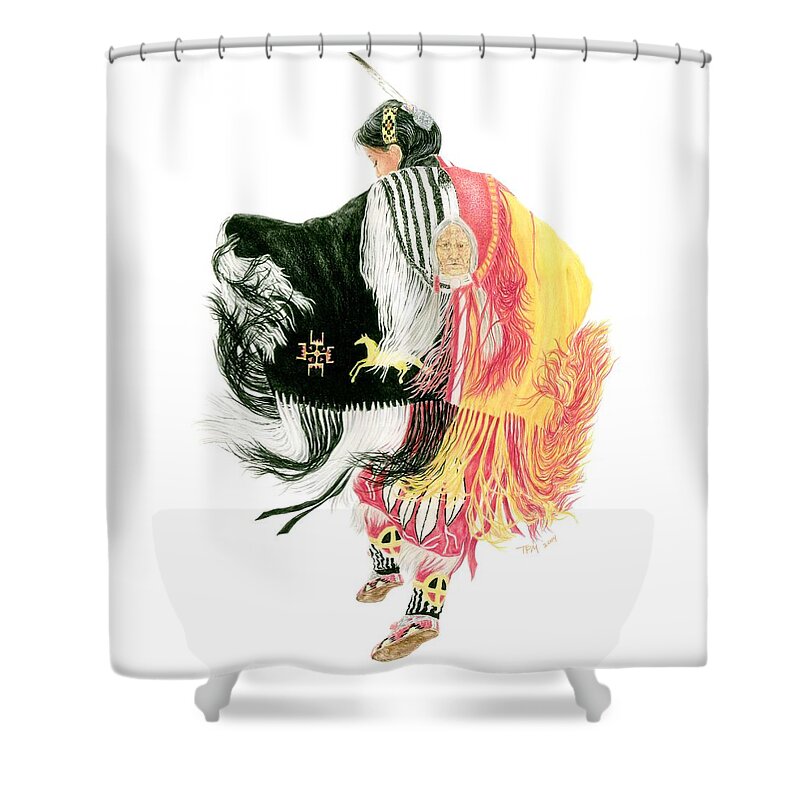 Fancy Shawl Dancer Shower Curtain featuring the drawing Fancy Shawl Dancer at Star Feather Pow-Wow #1 by Tim McCarthy