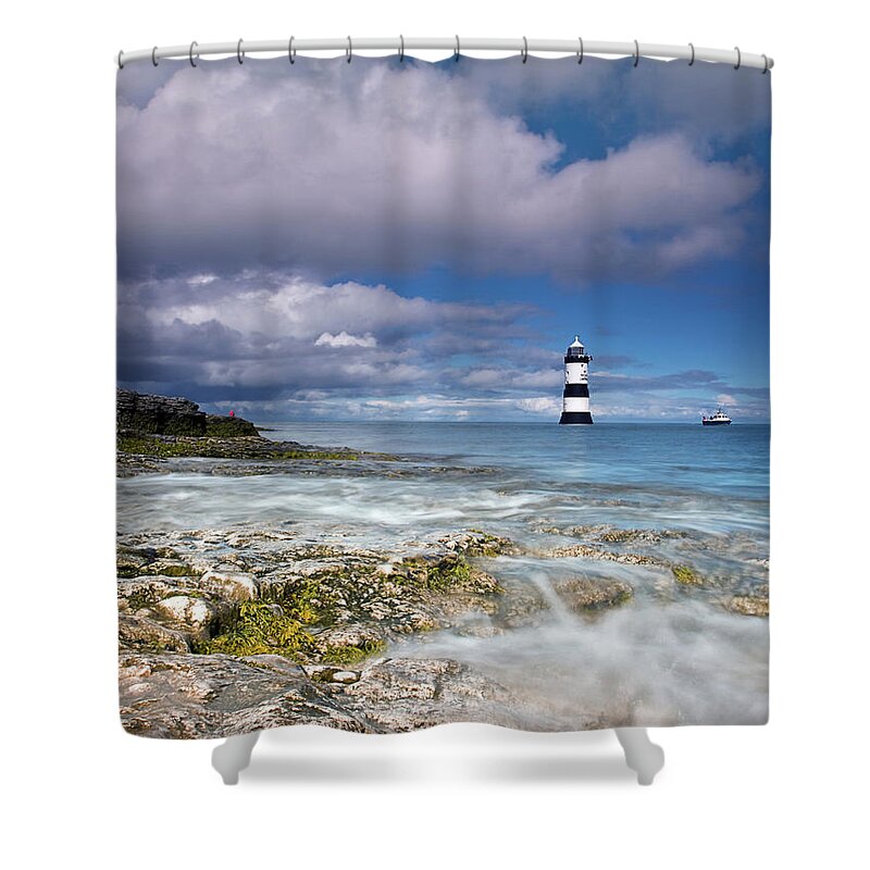 Penmon Point Shower Curtain featuring the photograph Fishing by the lighthouse #1 by B Cash