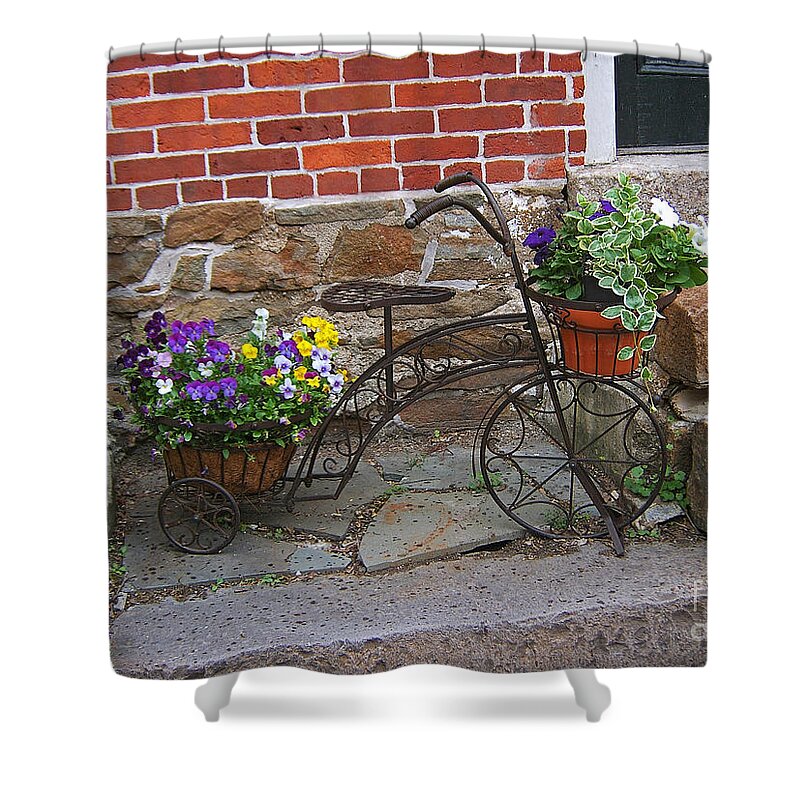 Bicycle Shower Curtain featuring the photograph Flower Bicycle Basket by Val Miller