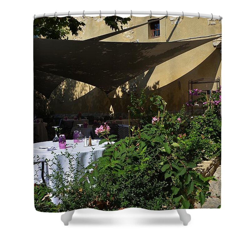 Advertisement Shower Curtain featuring the photograph French restaurant #1 by Dany Lison