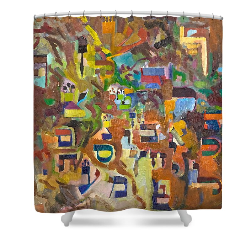 Torah Shower Curtain featuring the painting Holy Alphabet #1 by David Baruch Wolk