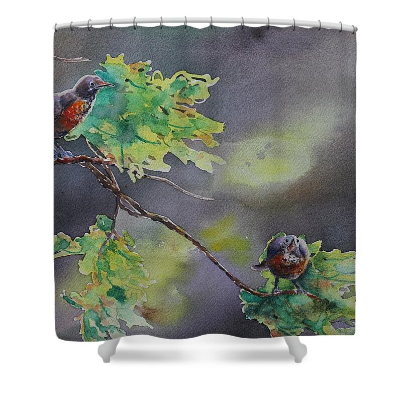Robin Shower Curtain featuring the painting Ready for Take Off by Ruth Kamenev