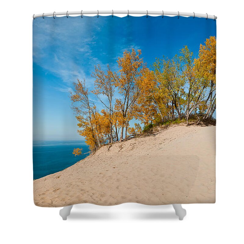 Panaramic Shower Curtain featuring the photograph Sleeping Bear Dunes #1 by Larry Carr