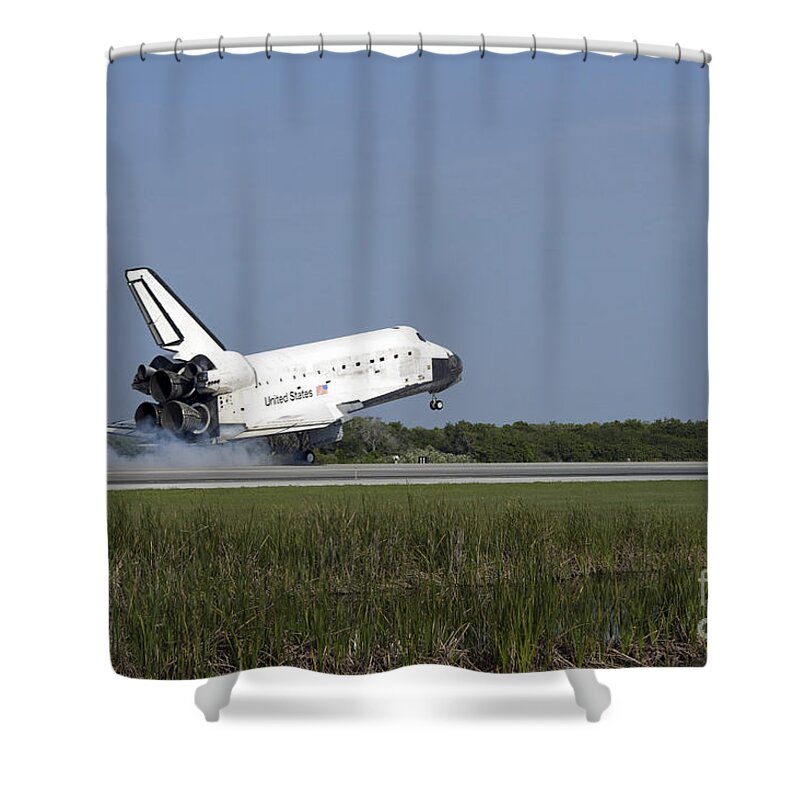 Sts-131 Shower Curtain featuring the photograph Space Shuttle Discovery Lands On Runway #1 by Stocktrek Images