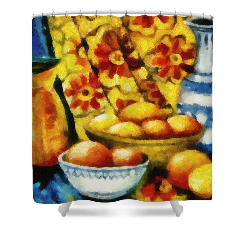 Orange Shower Curtain featuring the painting Still Life with Oranges #1 by Michelle Calkins