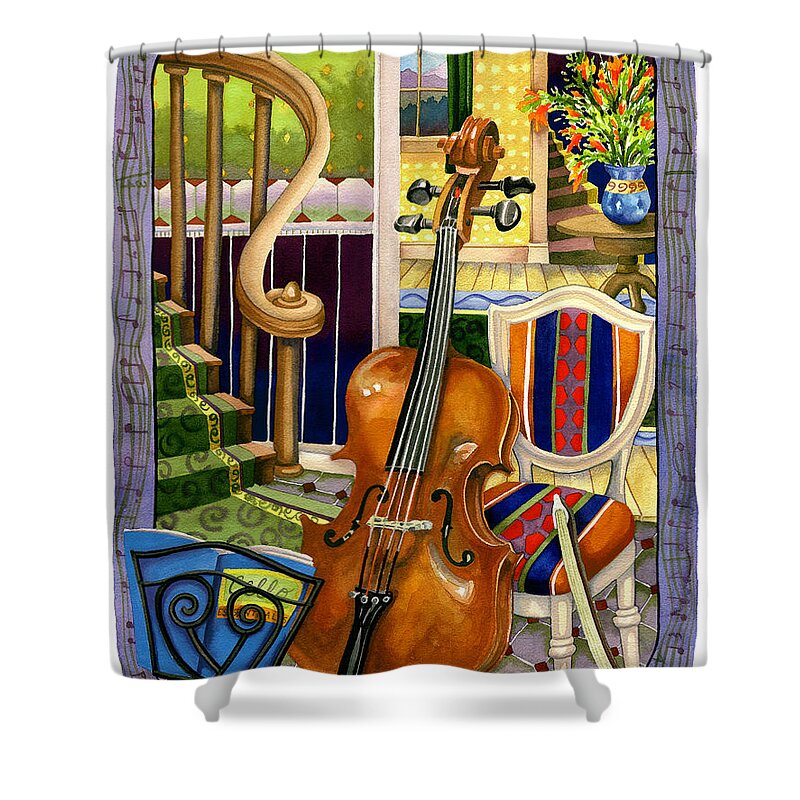Cello Painting Shower Curtain featuring the painting The Music Lesson #1 by Anne Gifford