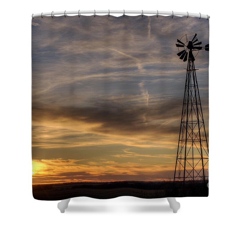 Prairie Sunset Shower Curtain featuring the photograph Windmill and Sunset #1 by Art Whitton