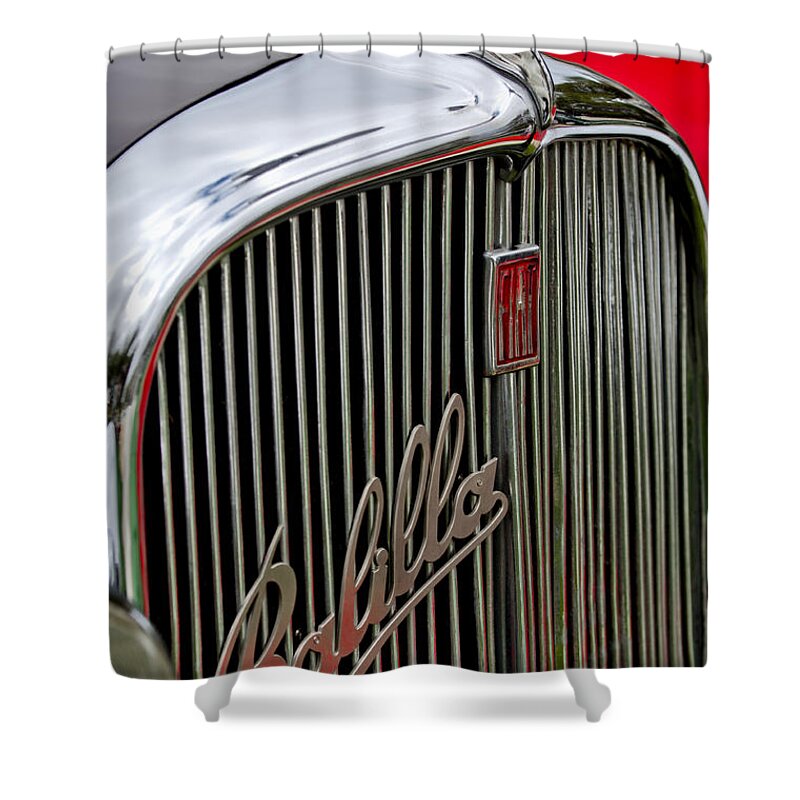 1934 Fiat Balilla Shower Curtain featuring the photograph 1934 Fiat Balilla Hood-Grille Ornament by Jill Reger