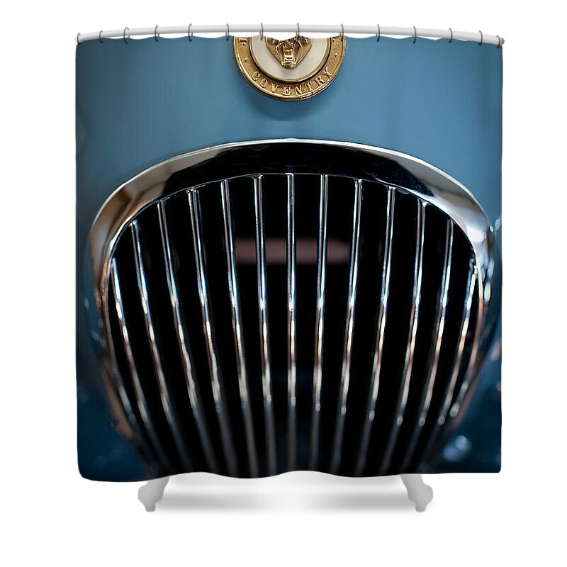 1952 Jaguar Xk120 Mark Vii Roadster Shower Curtain featuring the photograph 1952 Jaguar Hood Ornament and Grille by Sebastian Musial