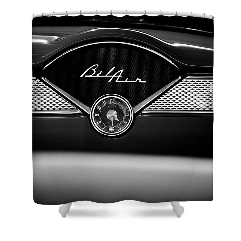 1955 Bel Air Shower Curtain featuring the photograph 1955 Chevy Bel Air Glow Compartment in Black and White by Sebastian Musial
