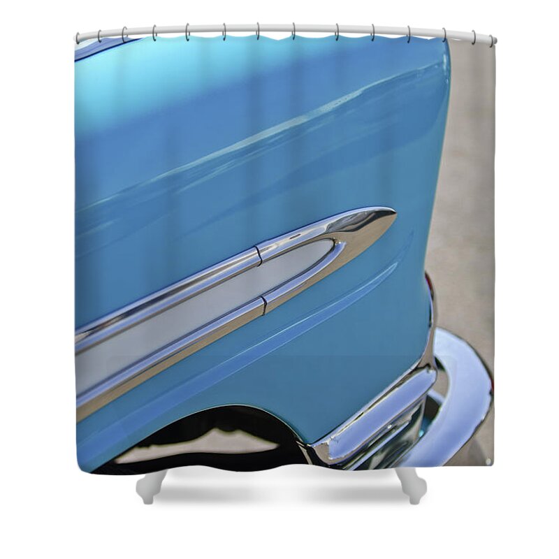 1956 Chevrolet Belair Shower Curtain featuring the photograph 1956 Chevrolet Belair Fender Spear by Jill Reger