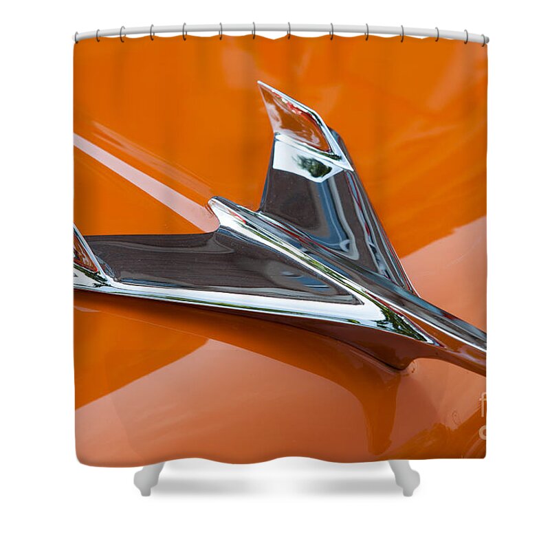 Clarence Holmes Shower Curtain featuring the photograph 1956 Chevy Bel Air Hood Ornament I by Clarence Holmes